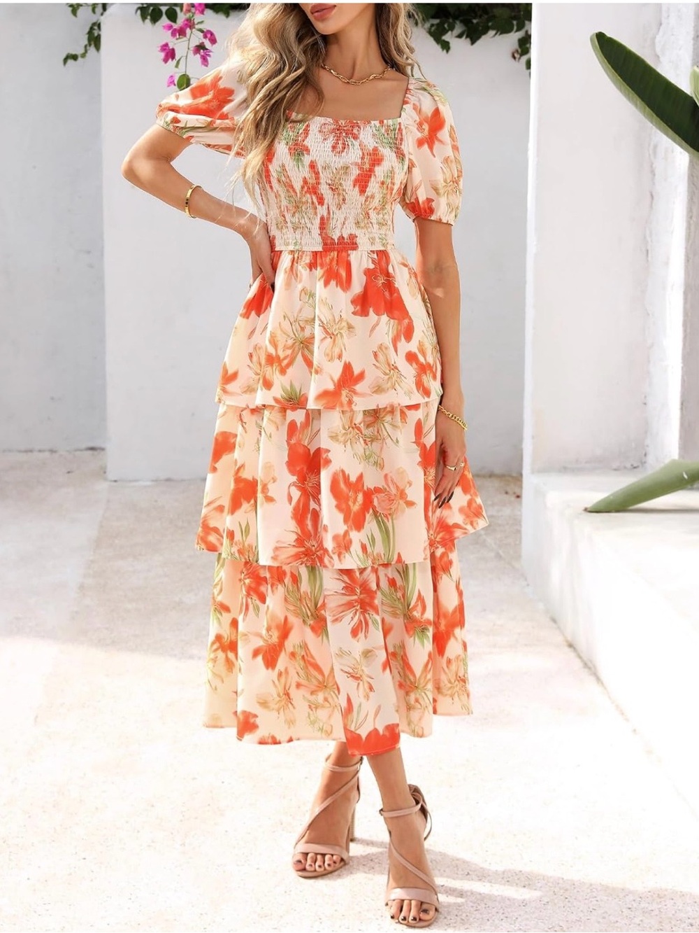BTFBM Floral Tiered Dress - Orange/Cream